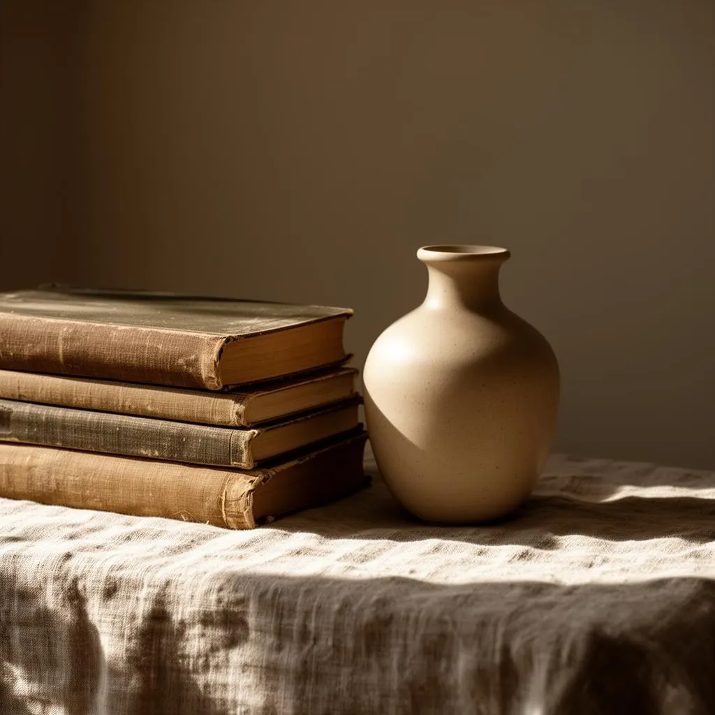 Natureza-morta editorial: vaso de cerâmica e livros sobre linho
